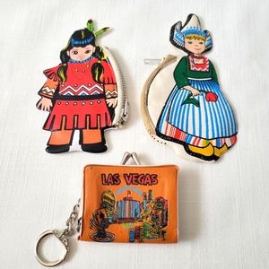 Vintage Coin Purse Lot of 3 Swedish Girl, Native Girl & Las Vegas